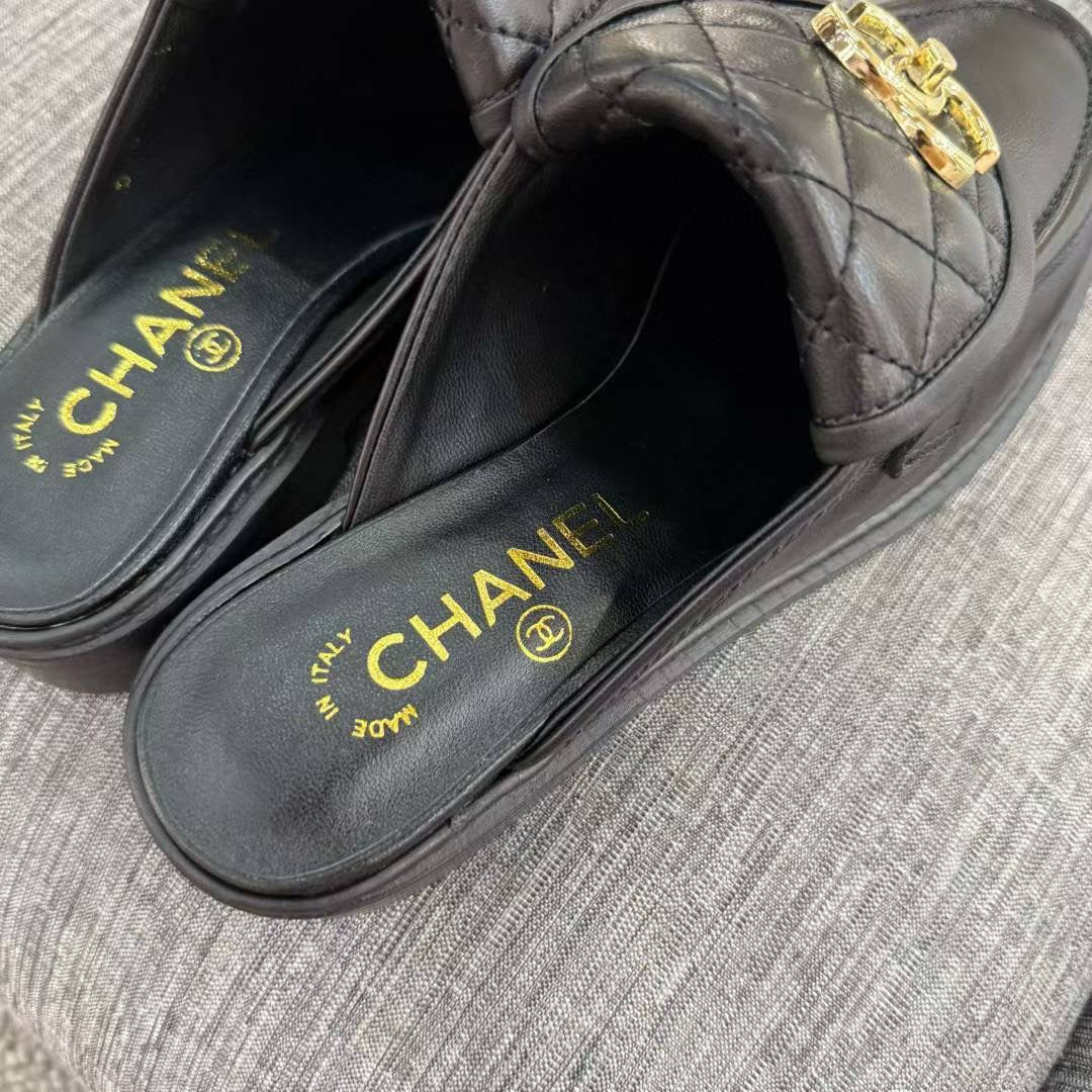 Chanel Gold CC Logo Mule in Black