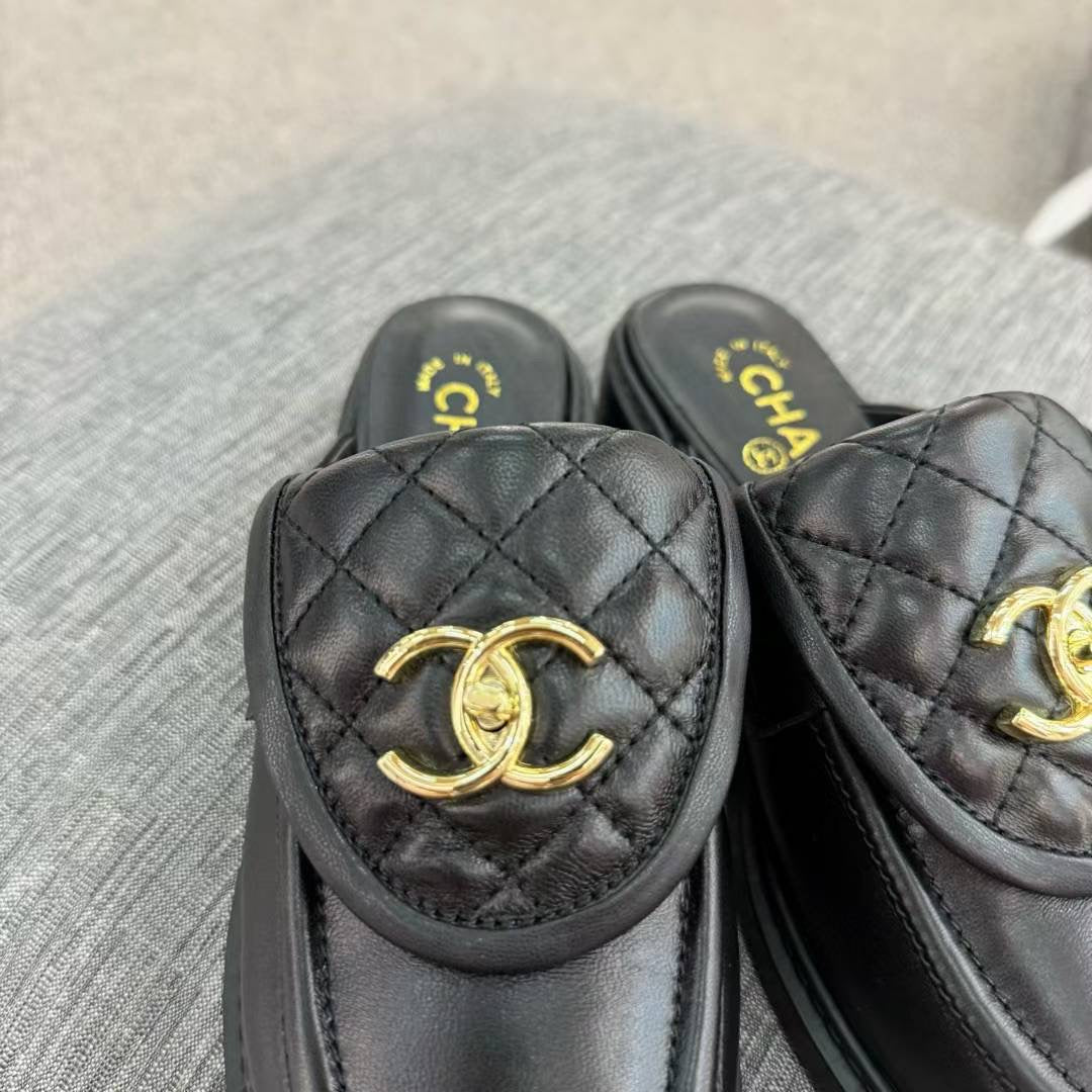 Chanel Gold CC Logo Mule in Black