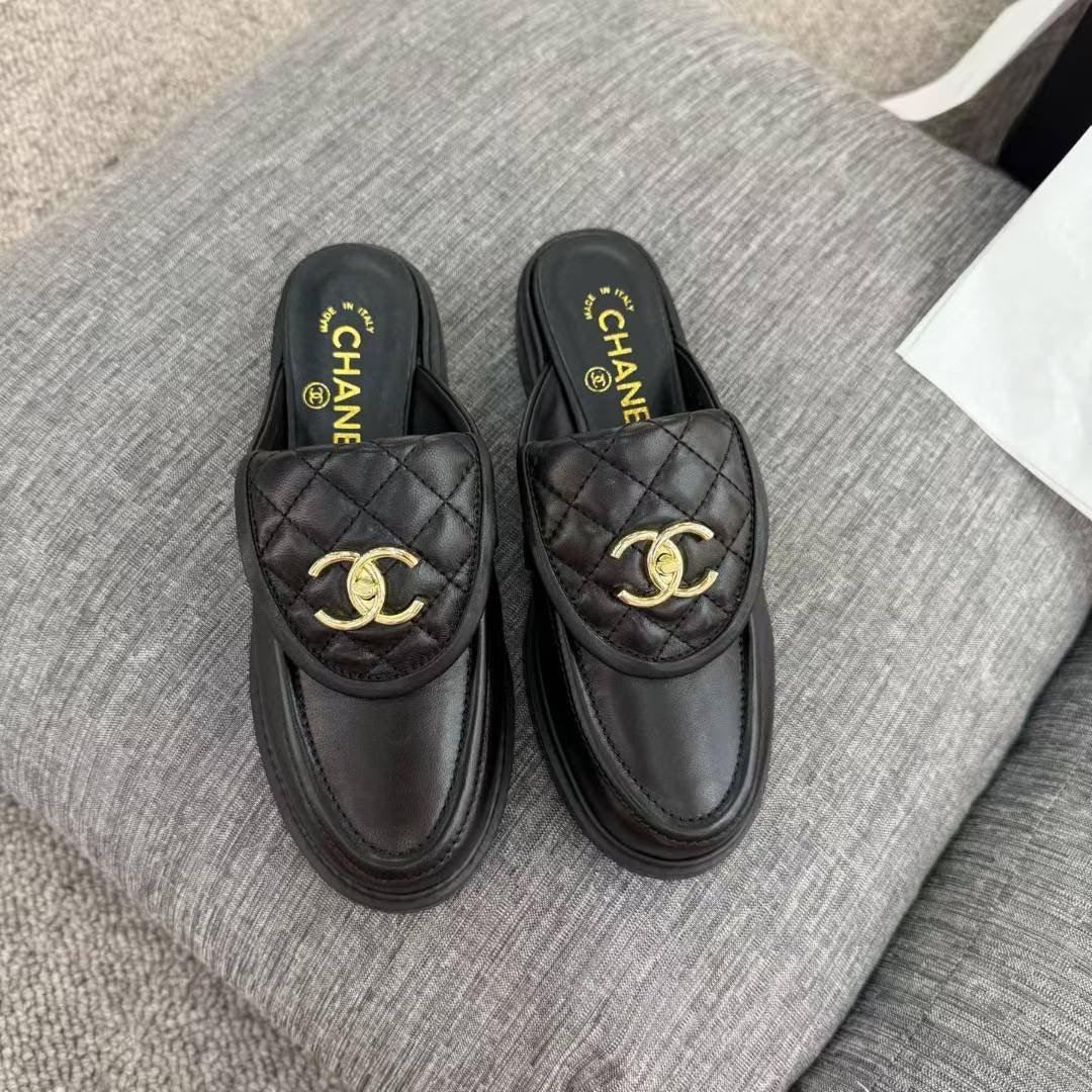 Chanel Gold CC Logo Mule in Black