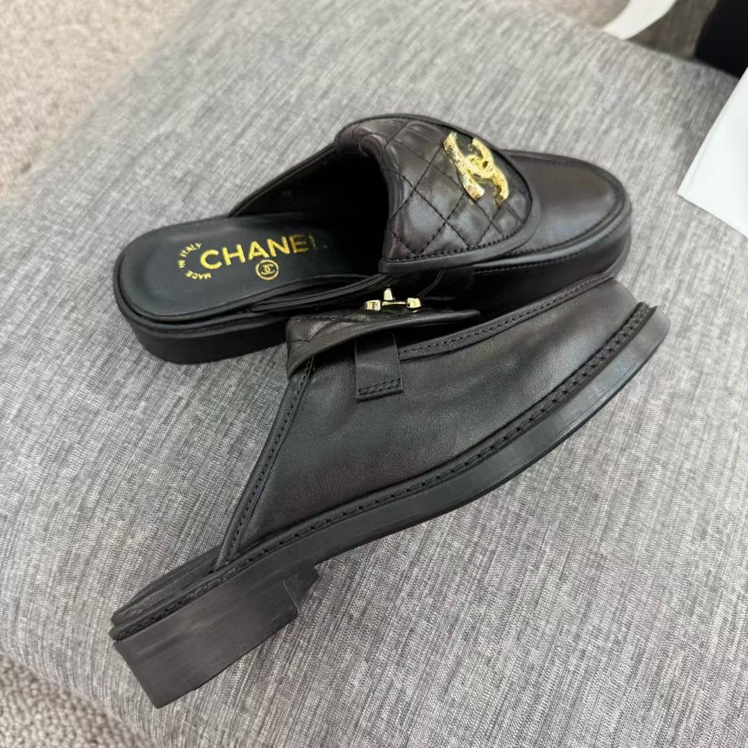 Chanel Gold CC Logo Mule in Black