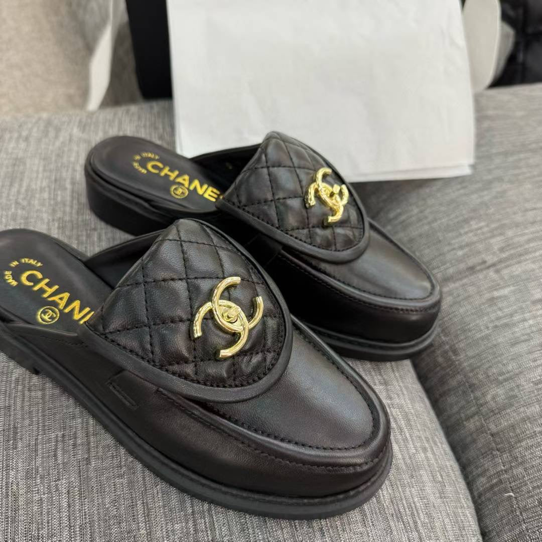 Chanel Gold CC Logo Mule in Black