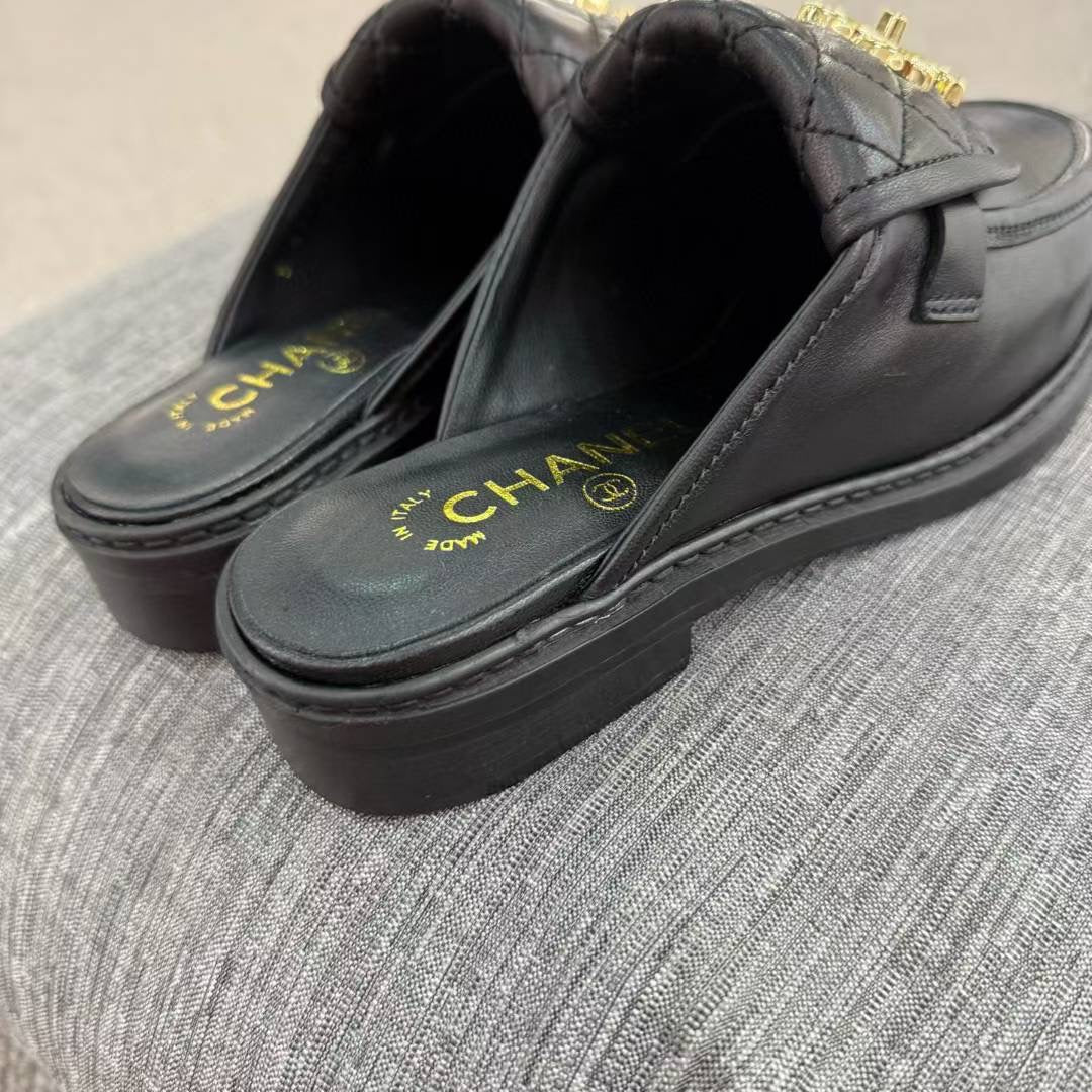 Chanel Gold CC Logo Mule in Black