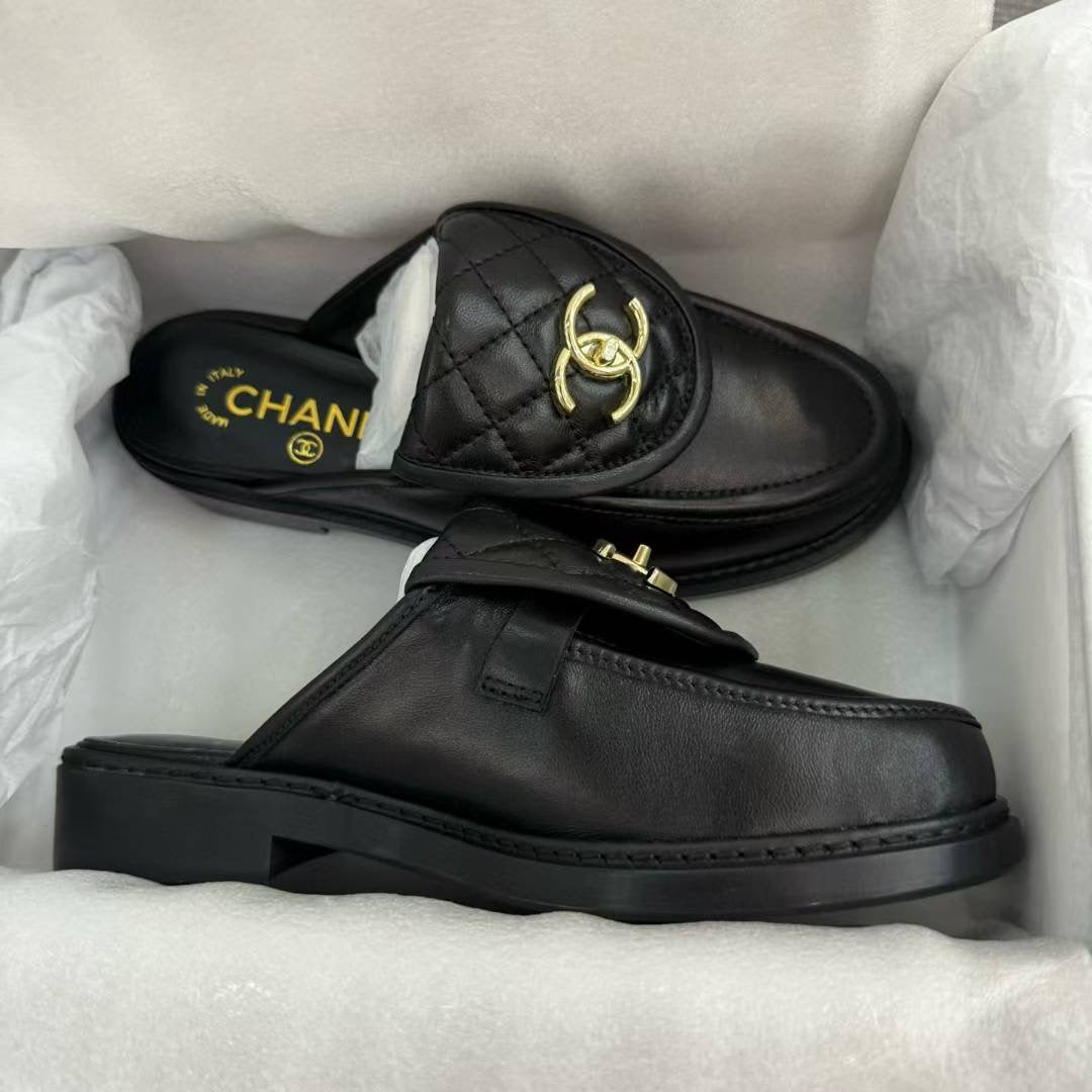 Chanel Gold CC Logo Mule in Black