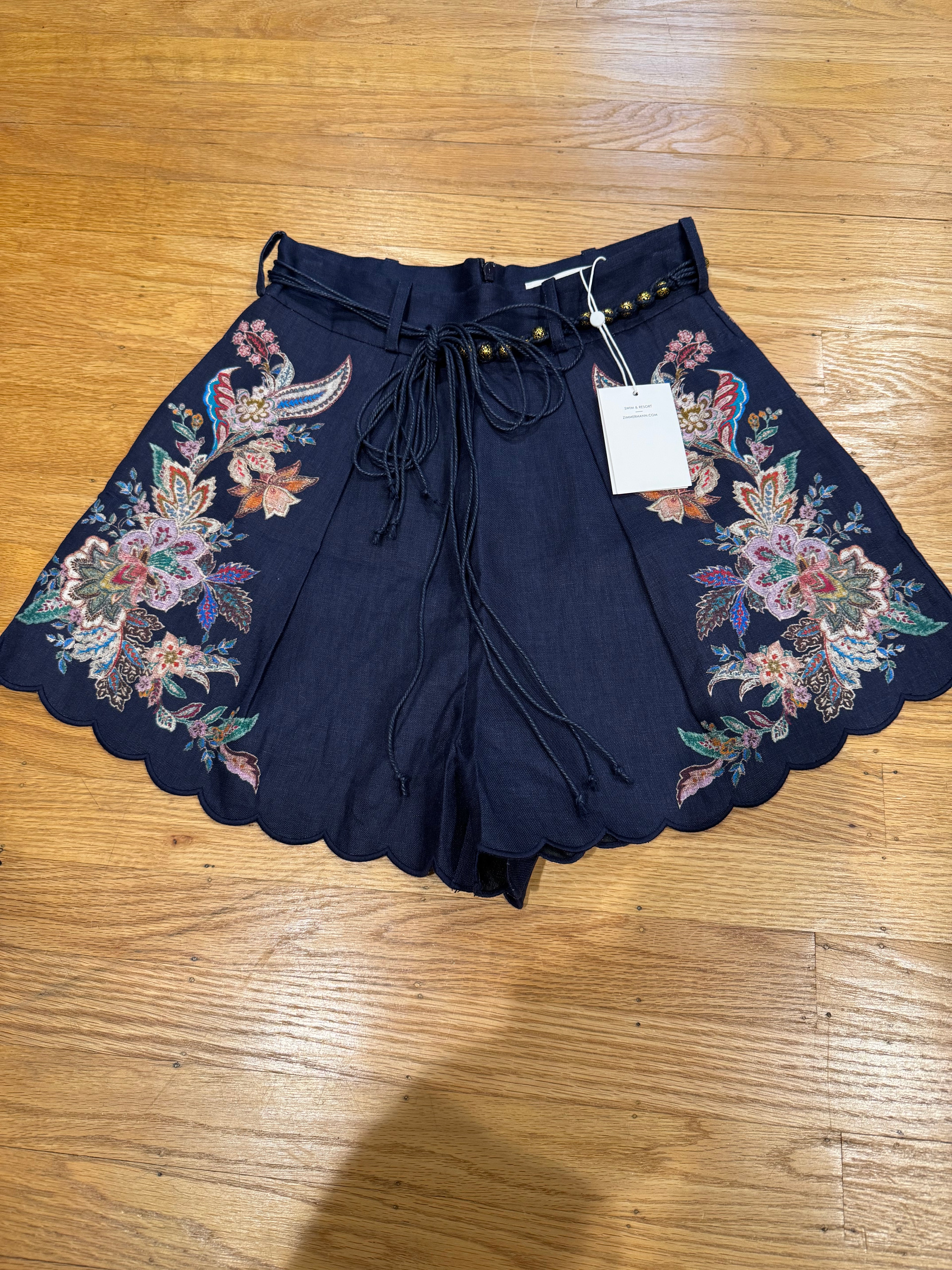 Zimmermann Floral Ramie Blouse & Belted Linen Shorts Set in Navy, Size AU 1/2/3