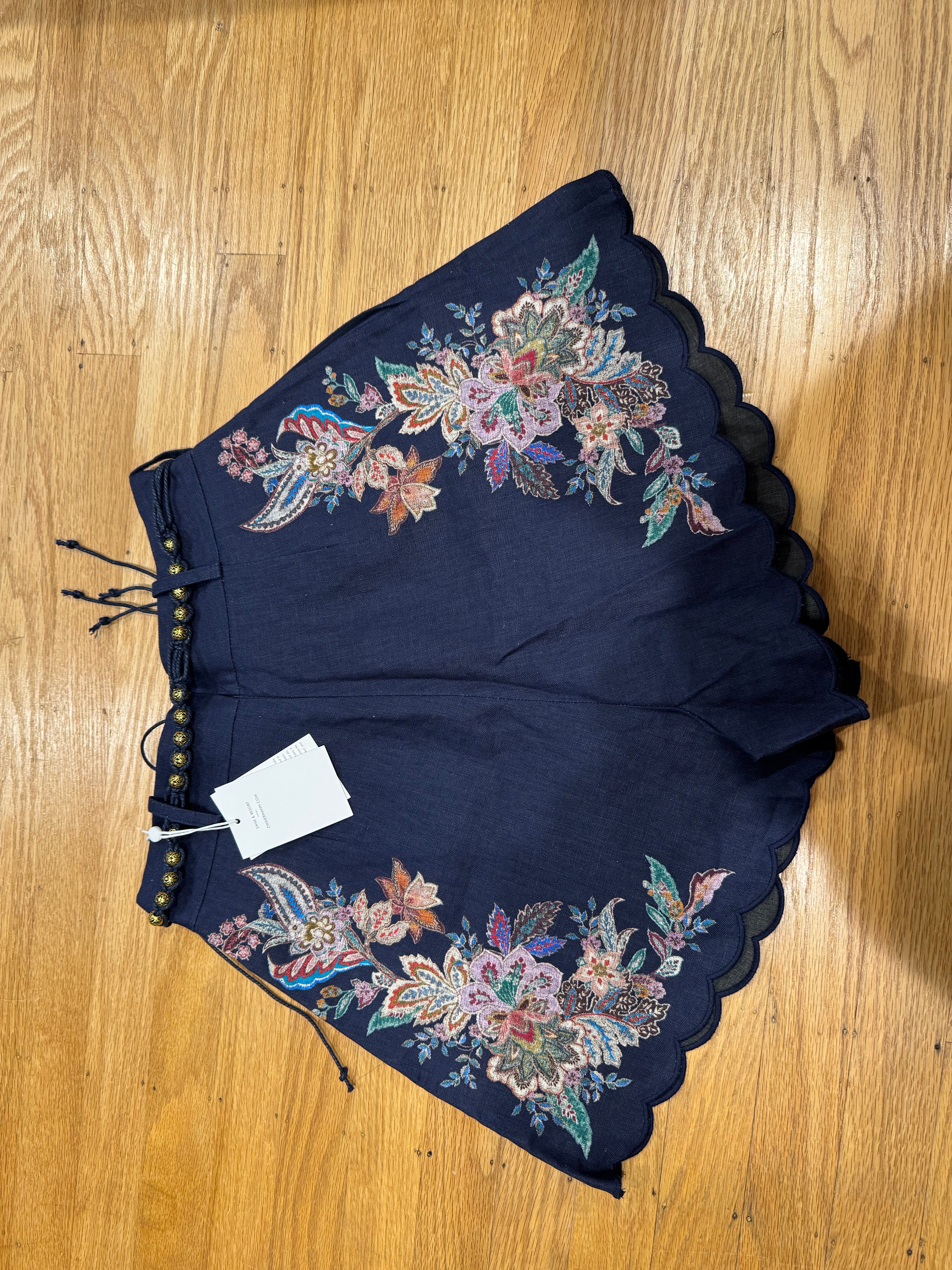 Zimmermann Floral Ramie Blouse & Belted Linen Shorts Set in Navy, Size AU 1/2/3