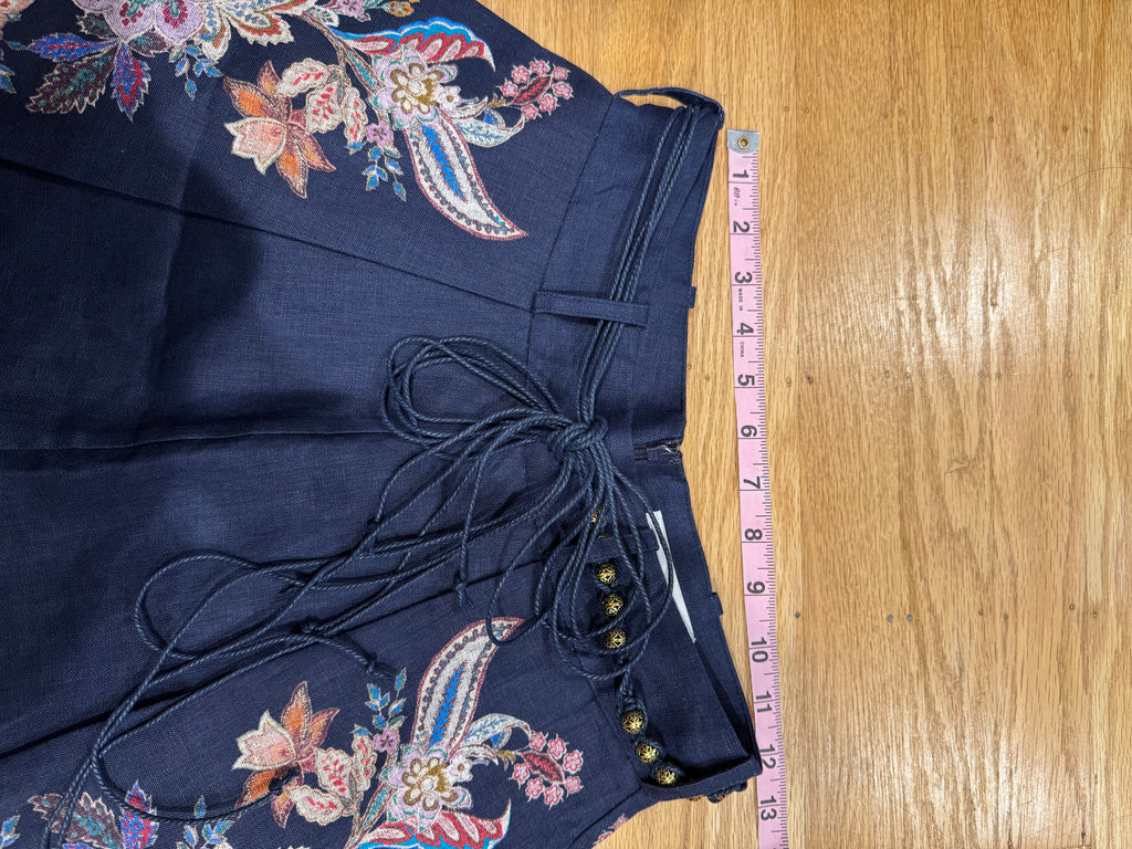 Zimmermann Floral Ramie Blouse & Belted Linen Shorts Set in Navy, Size AU 1/2/3