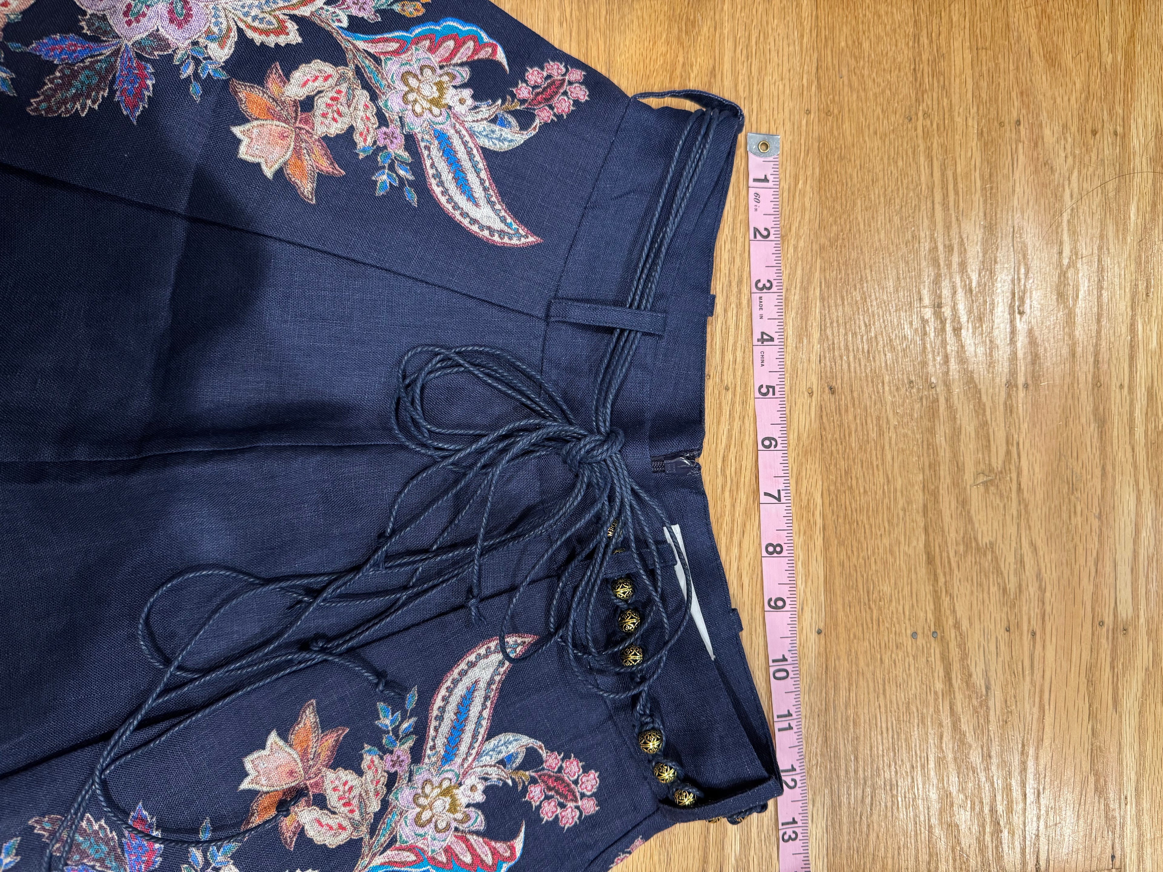 Zimmermann Floral Ramie Blouse & Belted Linen Shorts Set in Navy, Size AU 1/2/3