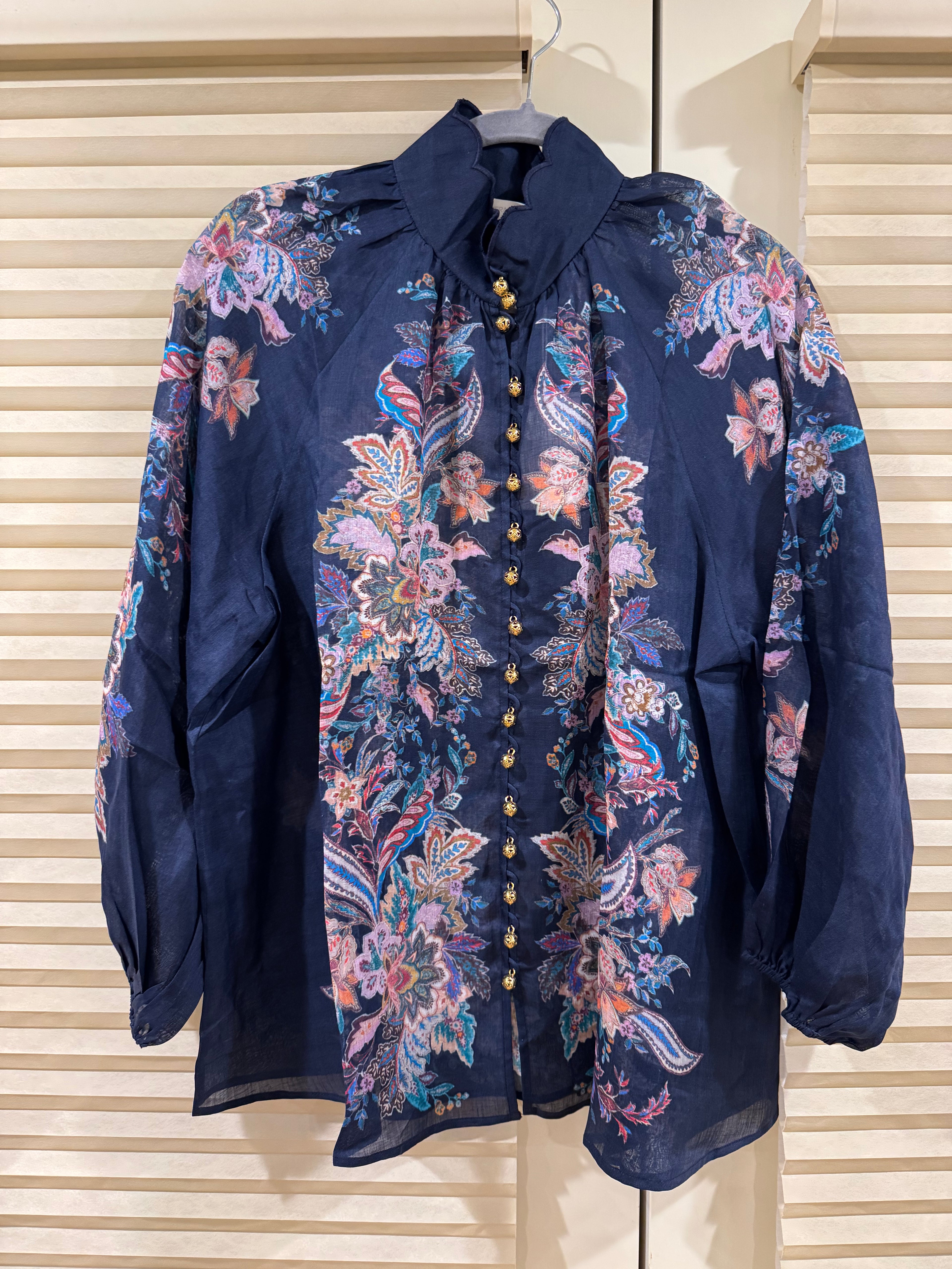 Zimmermann Floral Ramie Blouse & Belted Linen Shorts Set in Navy, Size AU 1/2/3