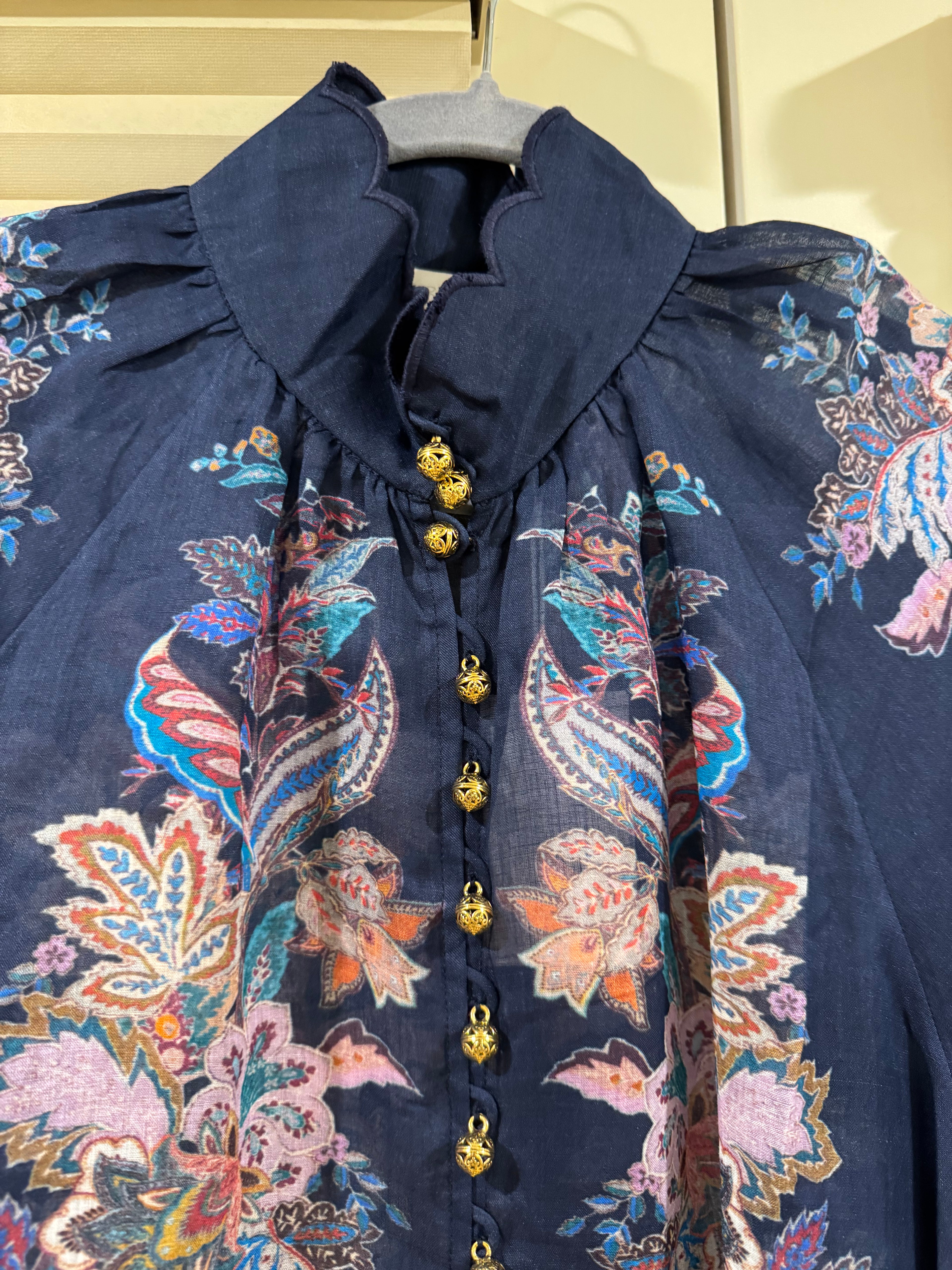 Zimmermann Floral Ramie Blouse & Belted Linen Shorts Set in Navy, Size AU 1/2/3