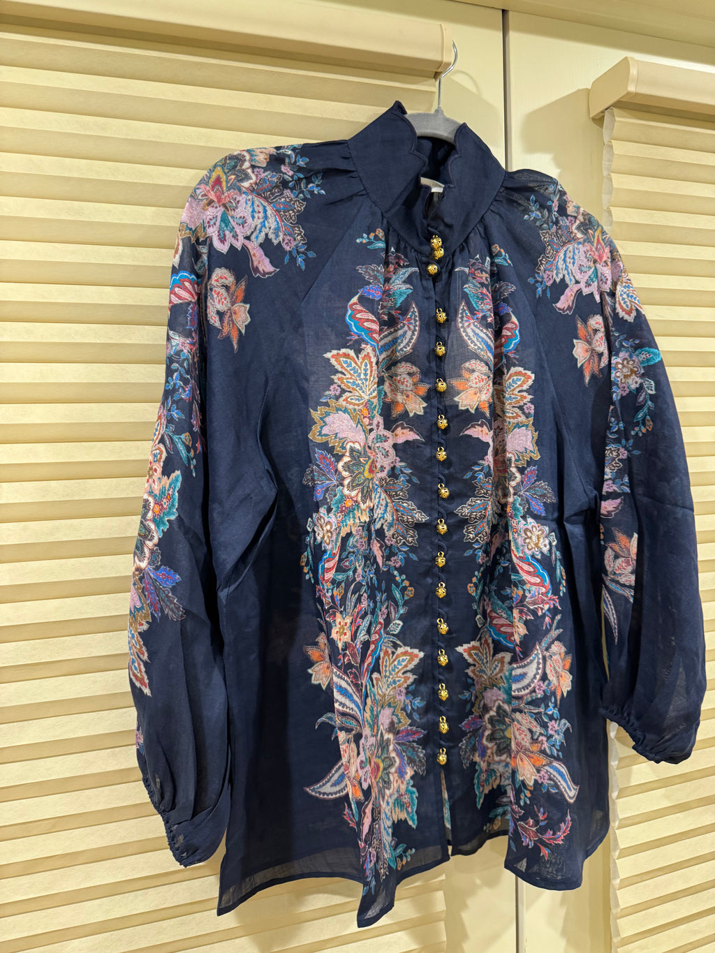 Zimmermann Floral Ramie Blouse & Belted Linen Shorts Set in Navy, Size AU 1/2/3