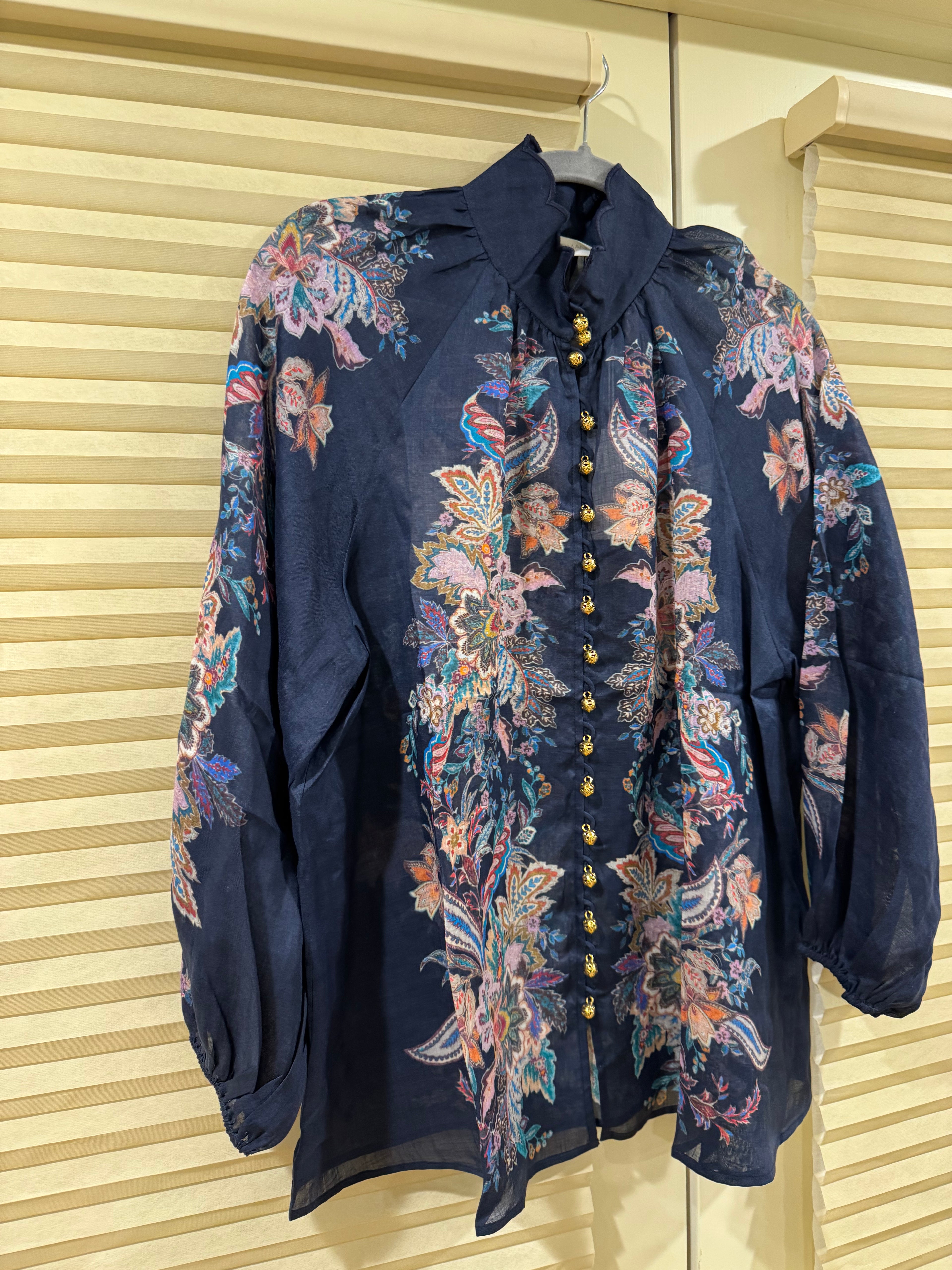 Zimmermann Floral Ramie Blouse & Belted Linen Shorts Set in Navy, Size AU 1/2/3