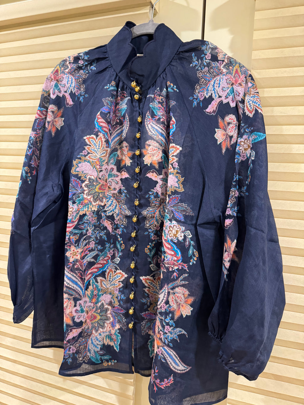 Zimmermann Floral Ramie Blouse & Belted Linen Shorts Set in Navy, Size AU 1/2/3