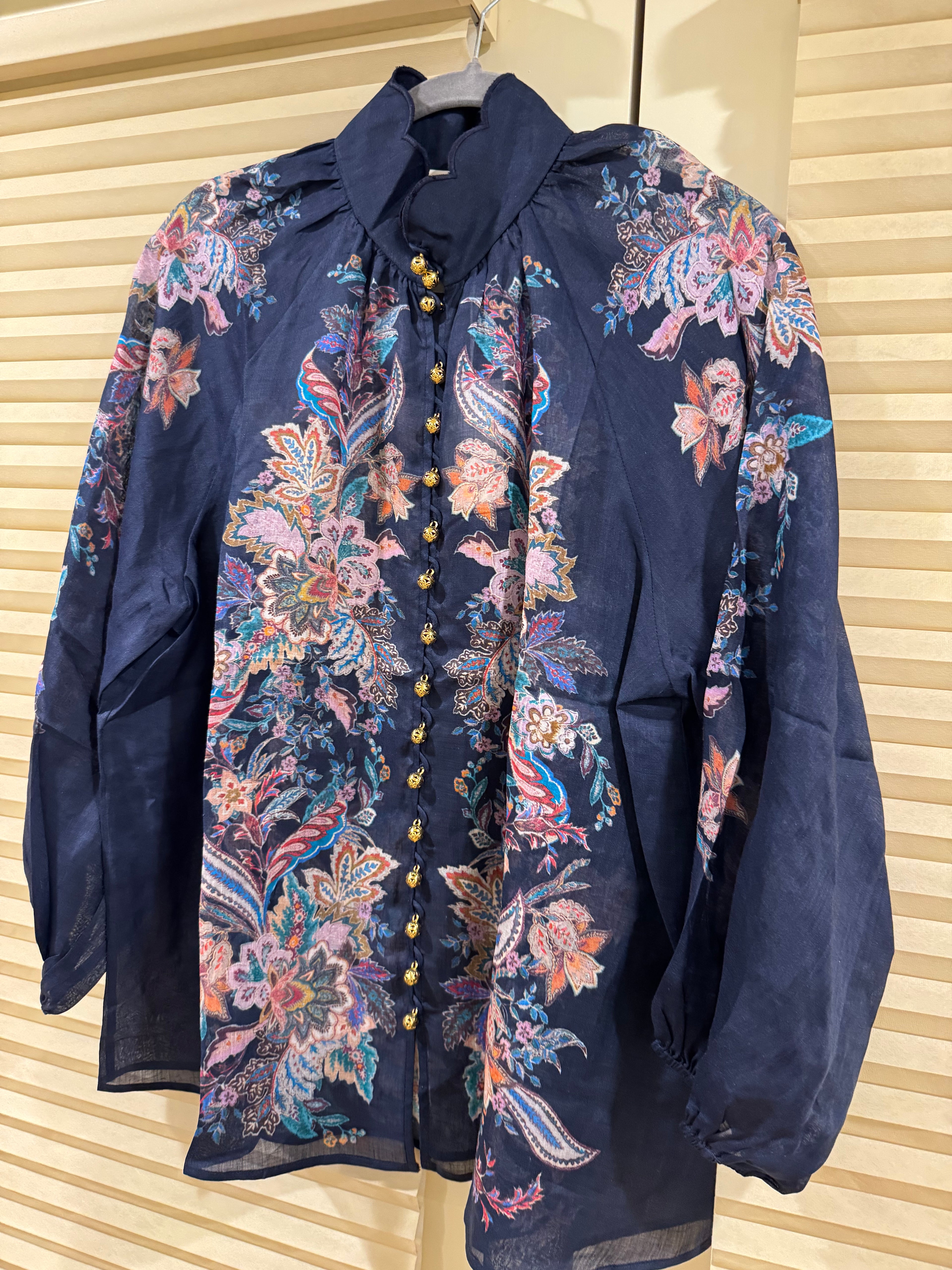 Zimmermann Floral Ramie Blouse & Belted Linen Shorts Set in Navy, Size AU 1/2/3